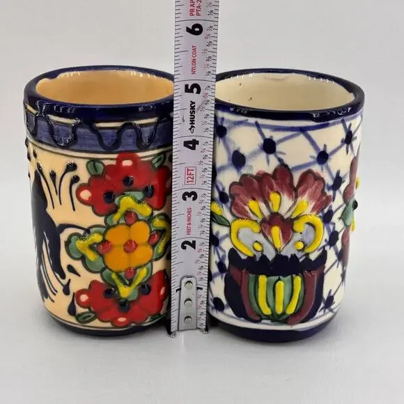 Handmade Mexican Talavera Pottery Highball Glasses Tumblers Set of 2 Floral - Picture 6 of 7
